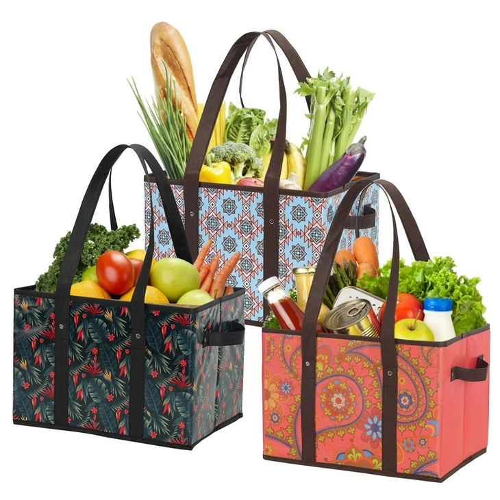 3Pk Reusable Grocery Bags, Foldable Shopping Box Bags For Groceries With Reinforced Bottom